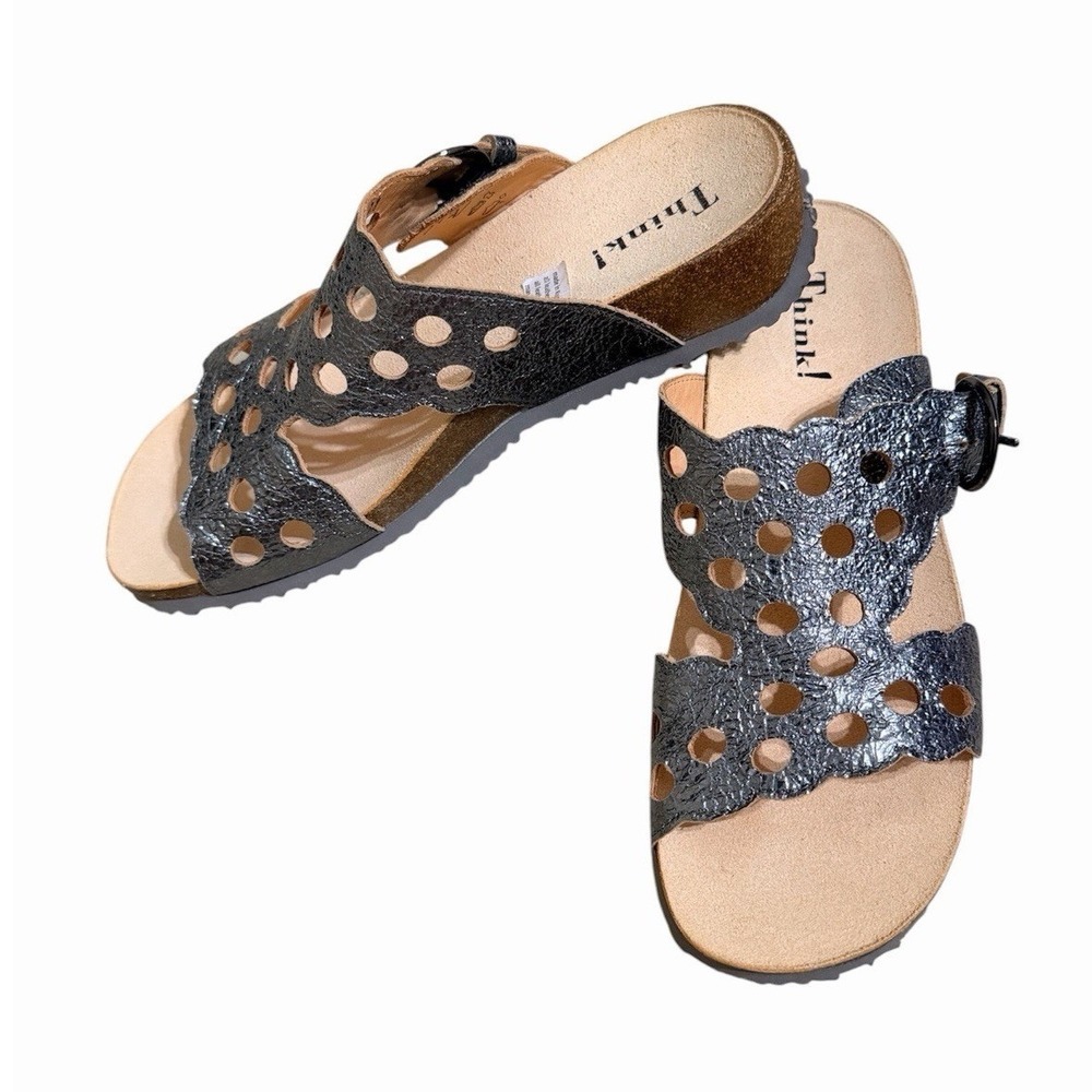 Think! Mizzi Leather Sandals Metallic Silver Cut-Out Comfort Boho Women’s Size 8